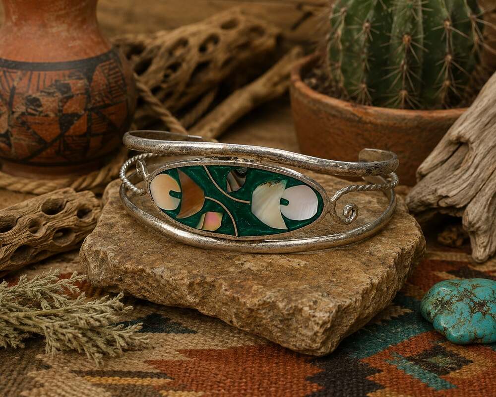 Vintage Alpaca Mexico Abalone and Mother of Pearl Green Enamel Cuff Bracelet